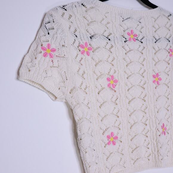 ZARA NEW Floral Crochet Knit Top Ivory Embroidered Short Sleeve Women's S - Picture 7 of 11